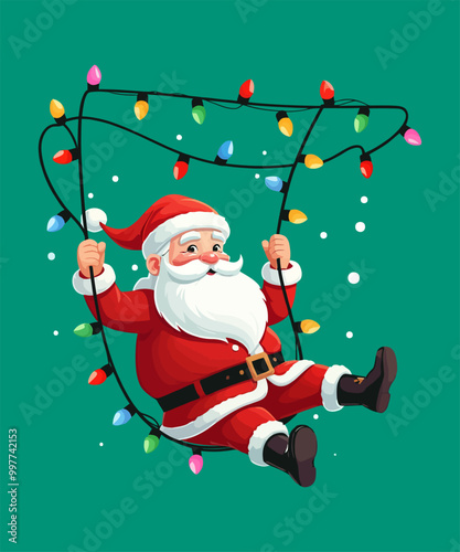 cute friendly Santa Claus climbing a rope of string Christmas lights up
