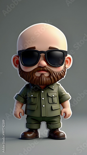 A cartoon character dressed in military attire with sunglasses and a beard is standing posed against a neutral background