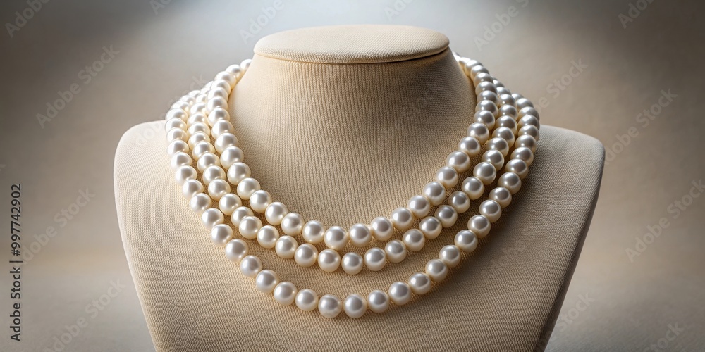 Layered pearl necklace on neutral display bust, pearl, jewelry, necklace, layered, mixed lengths, different sizes, elegant Layered pearl necklace on neutral display bust, pearl, jewelry, necklace, layered, mixed lengths, different sizes, elegant