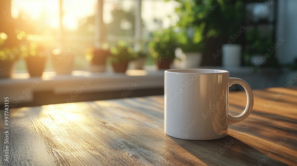Ceramic mug mockup sitting on a wooden kitchen countertop, with blurred morning light in the background. Ceramic mug mockup sitting on a wooden kitchen countertop, with blurred morning light in the background.
