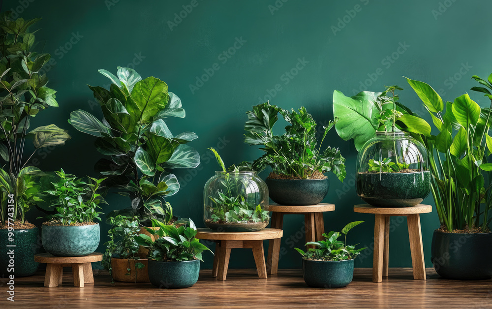 Vibrant green plants in various pots and terrariums arranged on wooden stands against an emerald wall, creating a lush indoor garden space. Vibrant green plants in various pots and terrariums arranged on wooden stands against an emerald wall, creating a lush indoor garden space.
