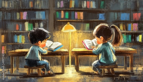Illustration Children are learning together at school. Illustration Children reading a book. Ilustrasi pencil style texture. Colorful Classroom Scene with Happy Students.