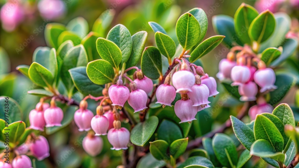 Arctostaphylos uva ursi plant with small pink bell-shaped flowers blooming in a natural setting, flowering, Arctostaphylos Arctostaphylos uva ursi plant with small pink bell-shaped flowers blooming in a natural setting, flowering, Arctostaphylos