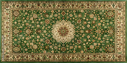 Green Persian carpet with intricate antique pattern , Persian, carpet, green, antique, vintage, traditional, rug