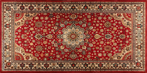 Red Persian carpet with intricate antique design , luxury, vintage, oriental, rug, texture, isolated, elegant, decoration