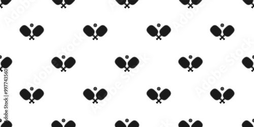 Seamless pickleball paddle and ball icon pattern on white background. Silhouette sport ornament for print, banner, card, fabric, cover, wrapping paper, wallpaper