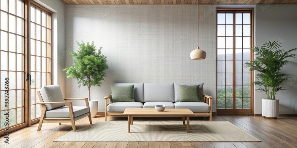 Sofa armchair in a minimalist Japanese style living room , zen, serene, peaceful, empty, interior design Sofa armchair in a minimalist Japanese style living room , zen, serene, peaceful, empty, interior design