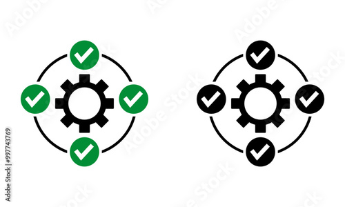 Cogwheel gear with checkmark, illustration of correct decision and factory production process icon vector
