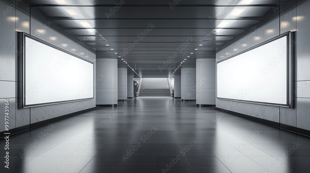 Empty billboard mockup in an underground metro station, surrounded by modern architecture. Empty billboard mockup in an underground metro station, surrounded by modern architecture.