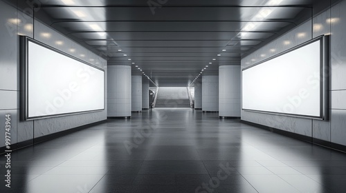 Empty billboard mockup in an underground metro station, surrounded by modern architecture.