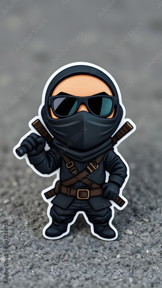 Naklejka premium Cute cartoon ninja character posing confidently with sunglasses and weapons on a blurred background outdoors