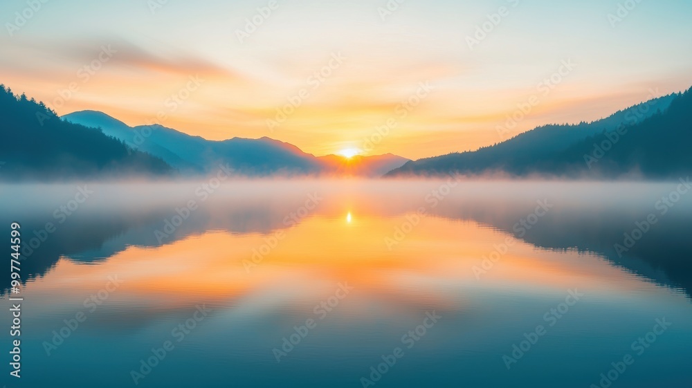 A serene sunrise over a misty lake, reflecting stunning colors across the calm water and surrounding hills. A serene sunrise over a misty lake, reflecting stunning colors across the calm water and surrounding hills.