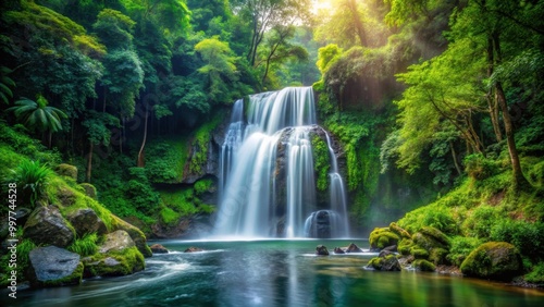 A stunning waterfall cascading through a lush, deep forest setting, waterfall, deep forest, nature, scenery, tranquil