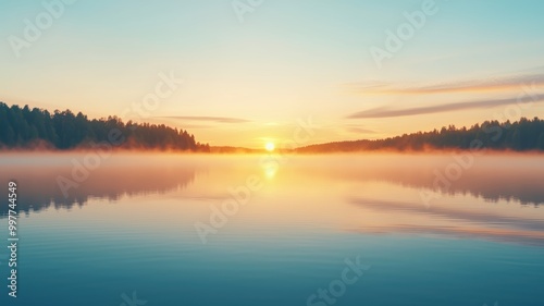 A serene landscape showcasing a vibrant sunrise over a tranquil lake, surrounded by misty trees and soft morning light.