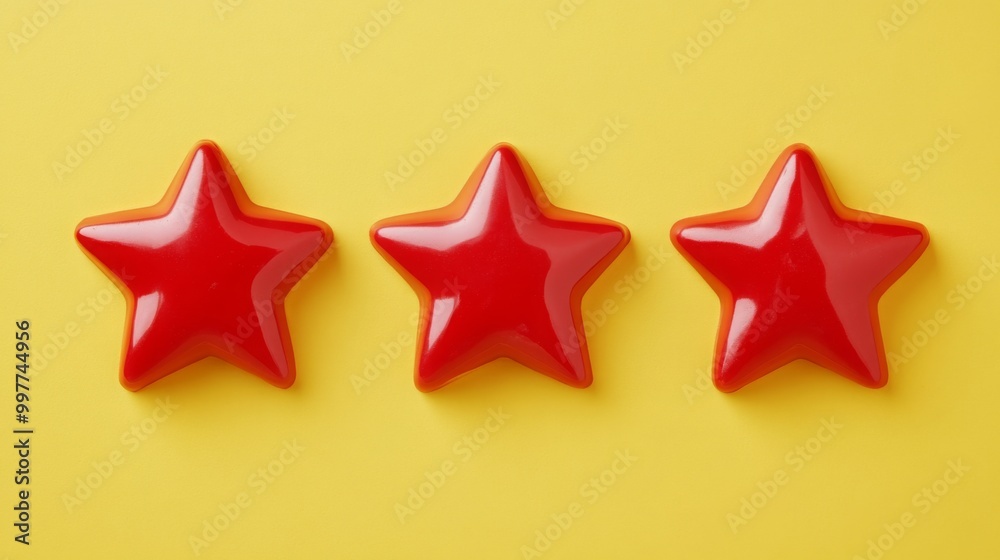 Three glossy red stars are perfectly aligned on a bright yellow background, creating a striking visual contrast that draws attention and adds a playful feel to the composition. Three glossy red stars are perfectly aligned on a bright yellow background, creating a striking visual contrast that draws attention and adds a playful feel to the composition.
