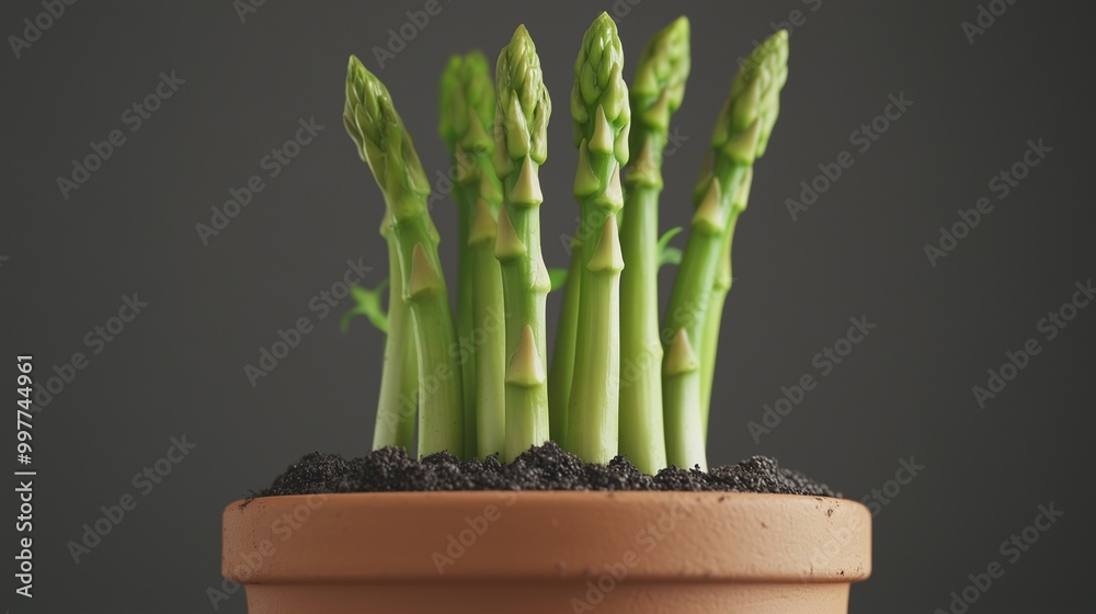 Asparagus vegetable clay pot and soil miniature house plant botanical decoration Asparagus vegetable clay pot and soil miniature house plant botanical decoration