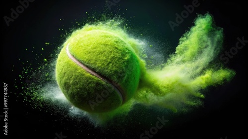 Freeze motion shot of flying tennis ball containing light green powder , tennis, ball, flying, freeze motion, green powder