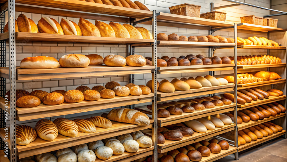 Freshly baked bread displayed on shelves in a bakery, bakery, bread, pastries, display, baked goods, artisan, delicious Freshly baked bread displayed on shelves in a bakery, bakery, bread, pastries, display, baked goods, artisan, delicious