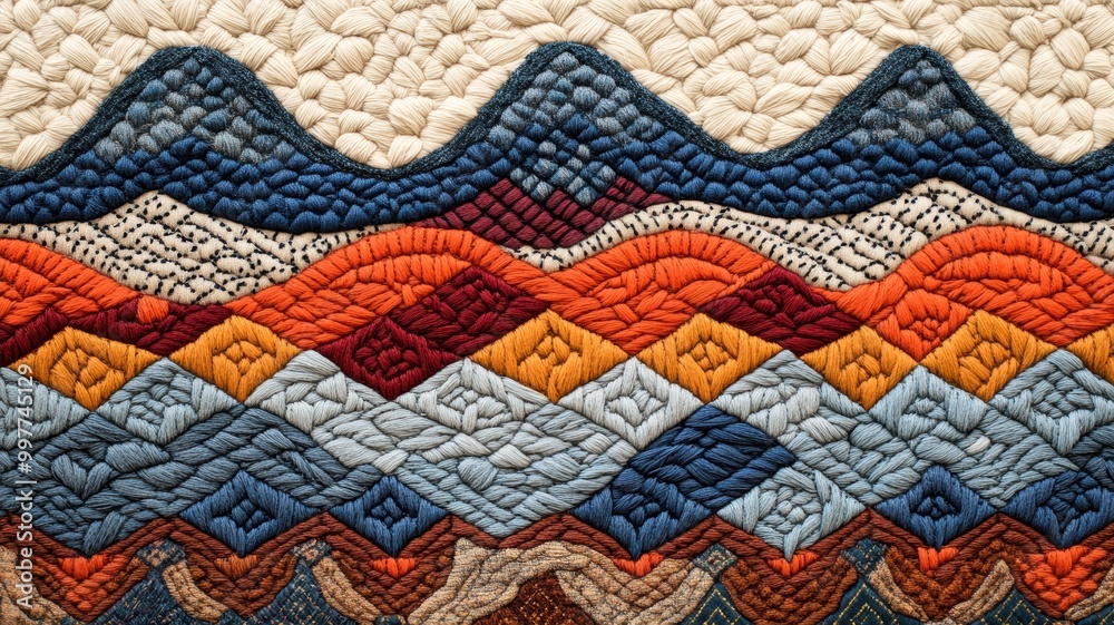 Close-up view of intricate quilt pattern featuring vibrant colors and textured waves, showcasing skilled craftsmanship. Close-up view of intricate quilt pattern featuring vibrant colors and textured waves, showcasing skilled craftsmanship.