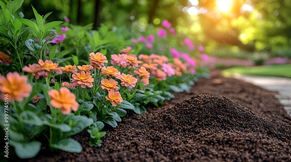 Mulch being added around a flower bed filled with bright, blossoming plants, rich textures of the mulch and soil contrasting with the vivid petals, gentle sunlight illuminating the scene. Mulch being added around a flower bed filled with bright, blossoming plants, rich textures of the mulch and soil contrasting with the vivid petals, gentle sunlight illuminating the scene.