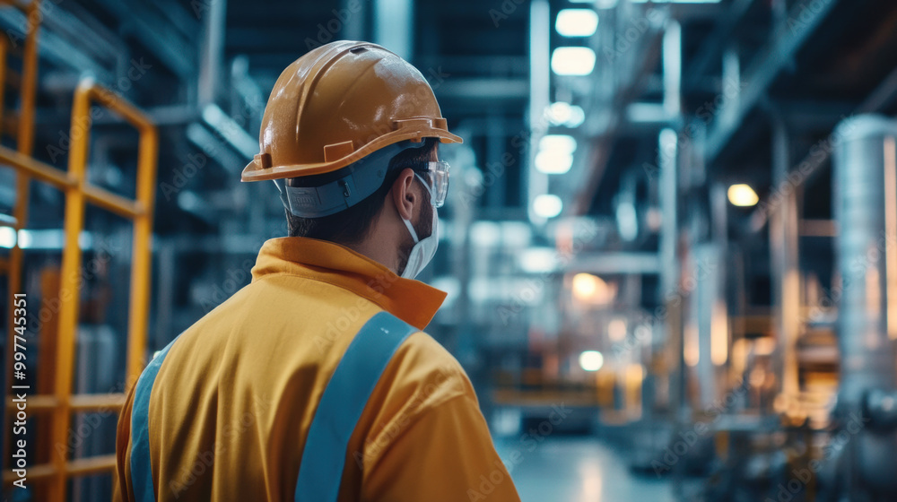 worker in safety helmet and mask observes industrial environment, emphasizing importance of safety and awareness in manufacturing setting worker in safety helmet and mask observes industrial environment, emphasizing importance of safety and awareness in manufacturing setting
