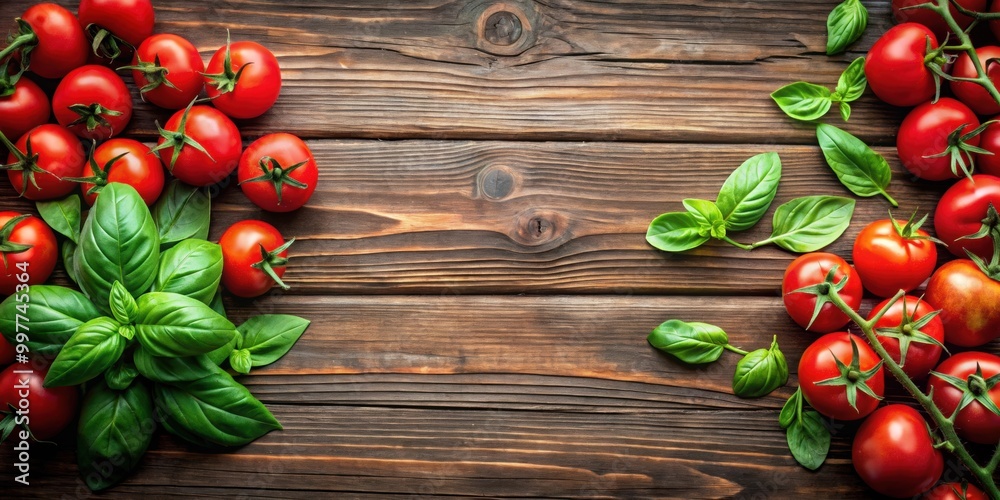 Fresh tomatoes and basil leaves on rustic wooden background, fresh, tomatoes, basil, leaves, wooden, background, red, green Fresh tomatoes and basil leaves on rustic wooden background, fresh, tomatoes, basil, leaves, wooden, background, red, green