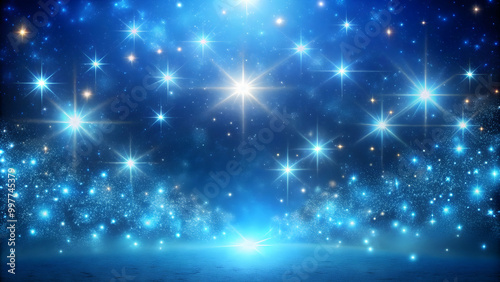 Magical blue night sky with shimmering lights and twinkling stars, magic, fantasy, enchanting, ethereal, celestial