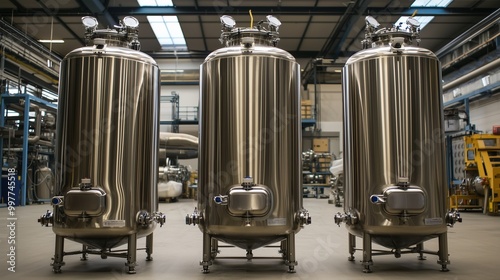 Three large stainless steel bioreactors in an industrial setting, representing advanced biotechnology and industrial fermentation processes. photo