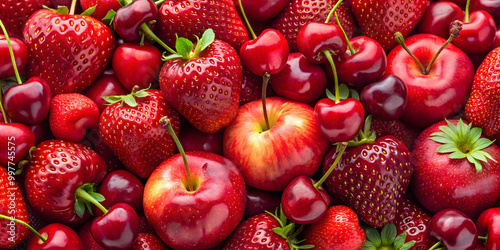 Close-up of cherries, strawberries, and apples creating a vibrant red fruit symphony, red, fruit, close-up, cherries