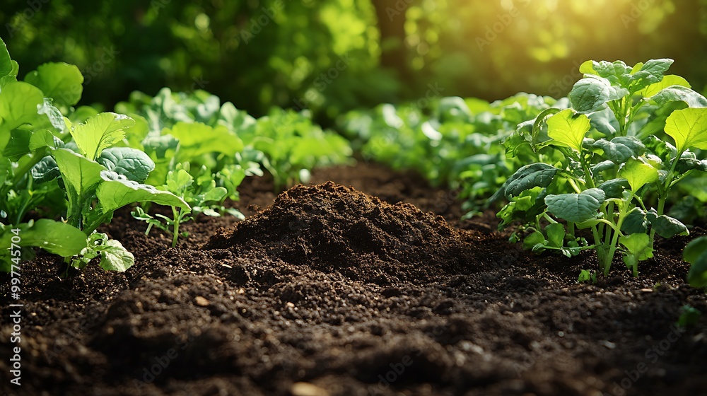 Organic compost being spread over a garden bed filled with vegetables, lush green plants surrounding the area, warm sunlight creating vibrant highlights, the soil rich and ready for growth. Organic compost being spread over a garden bed filled with vegetables, lush green plants surrounding the area, warm sunlight creating vibrant highlights, the soil rich and ready for growth.