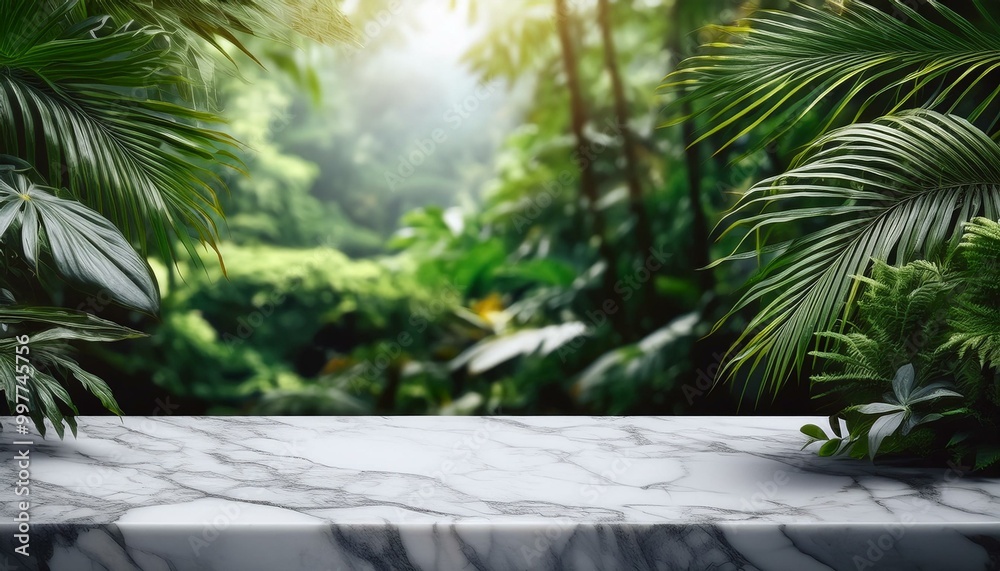 Fototapeta premium Marble tabletop on jungle background. Empty countertop for eco products and cosmetics presentation. Stone design mockup. tree in the garden
