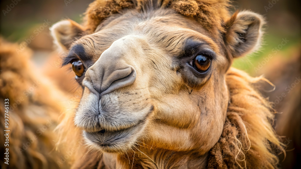 Obraz premium Close up of a camel with textured fur and long eyelashes, camel, animal, wildlife, desert, close-up, portrait, texture, fur, eyelashes