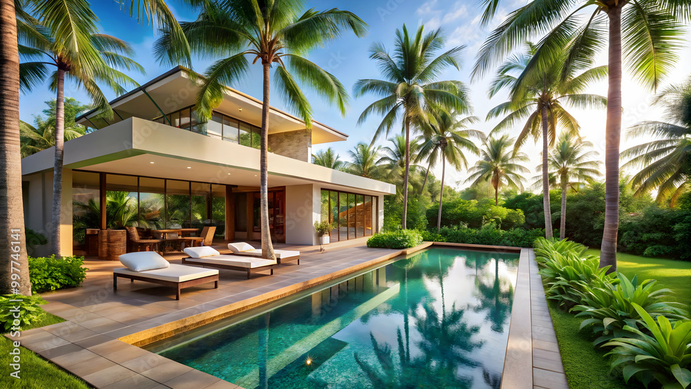 Fototapeta premium Luxury tropical villa with private pool nestled among lush palm trees, villa, tropical, private pool, palm trees, luxury