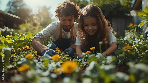 Parents and children working in harmony, planting flowers and vegetables in a beautiful backyard garden, vibrant green plants surrounding them, sunlight glowing softly,