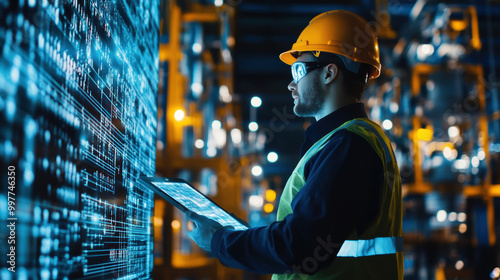 worker in safety helmet and glasses is using tablet to monitor real time production metrics in warehouse. digital display behind him showcases data analytics, emphasizing integration of technology in