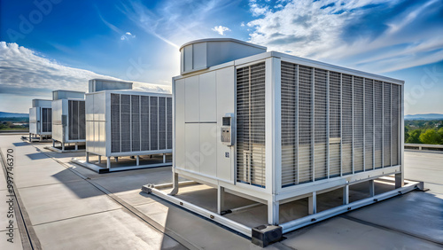 Air conditioning unit installed on the roof of a large industrial building, industrial, HVAC, cooling, rooftop
