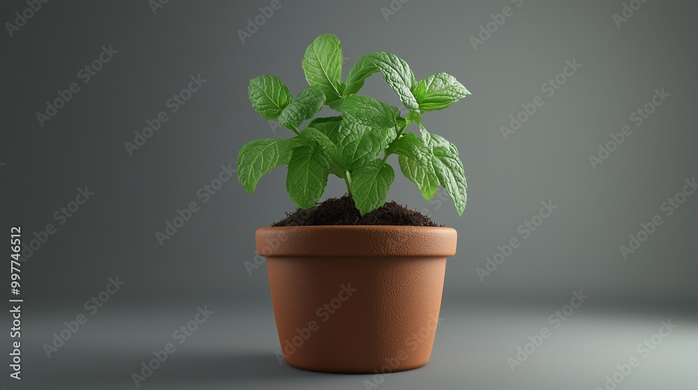 Mint leaves tree vegetable clay pot and soil miniature house plant botanical decoration Mint leaves tree vegetable clay pot and soil miniature house plant botanical decoration