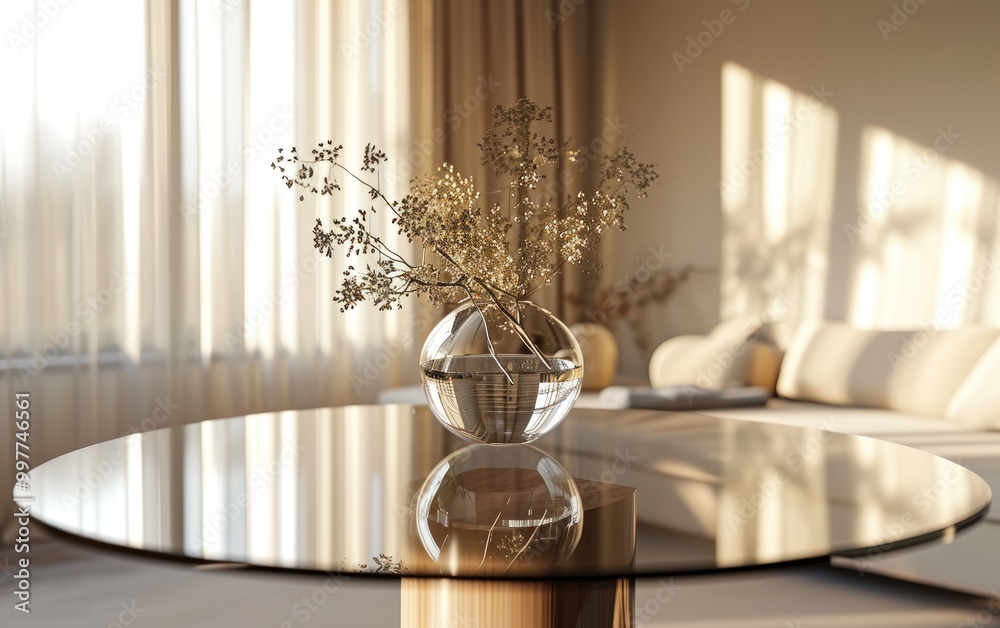 Elegant round glass table with dry flowers in bowl glass vase in living space decoration with natural light