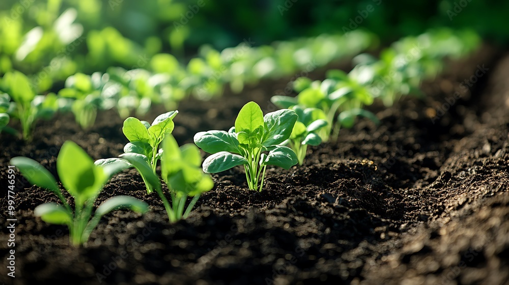 Rows of freshly planted seedlings stretching across a garden, rich soil framing the bright green shoots, sunlight illuminating the scene with a sense of optimism and renewal, Rows of freshly planted seedlings stretching across a garden, rich soil framing the bright green shoots, sunlight illuminating the scene with a sense of optimism and renewal,