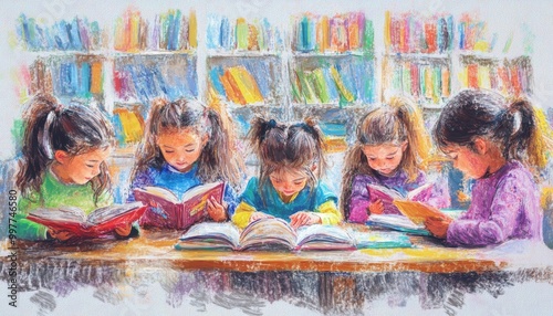 Illustration Children are learning together at school. Illustration Children reading a book. Ilustrasi pencil style texture. Colorful Classroom Scene with Happy Students.