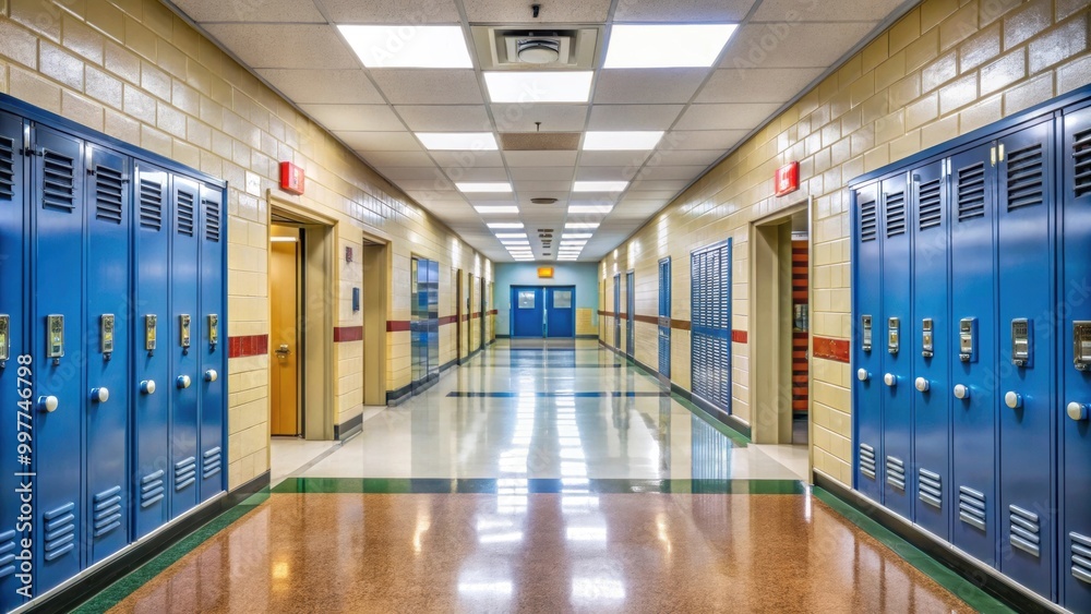 Obraz premium Empty school corridor with open classroom doors during lockdown , school, corridor, empty, hallway, lockdown, classroom
