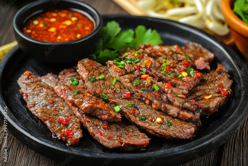Fototapeta premium Sizzling grilled beef slices with flavorful marinade and dipping sauce.