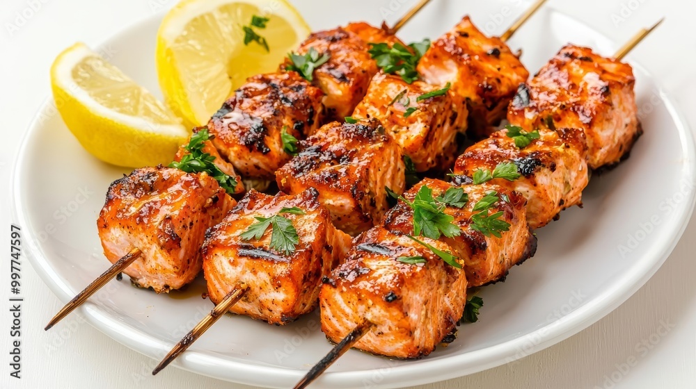 Delicious grilled salmon skewers served with lemon garnish. Delicious grilled salmon skewers served with lemon garnish.