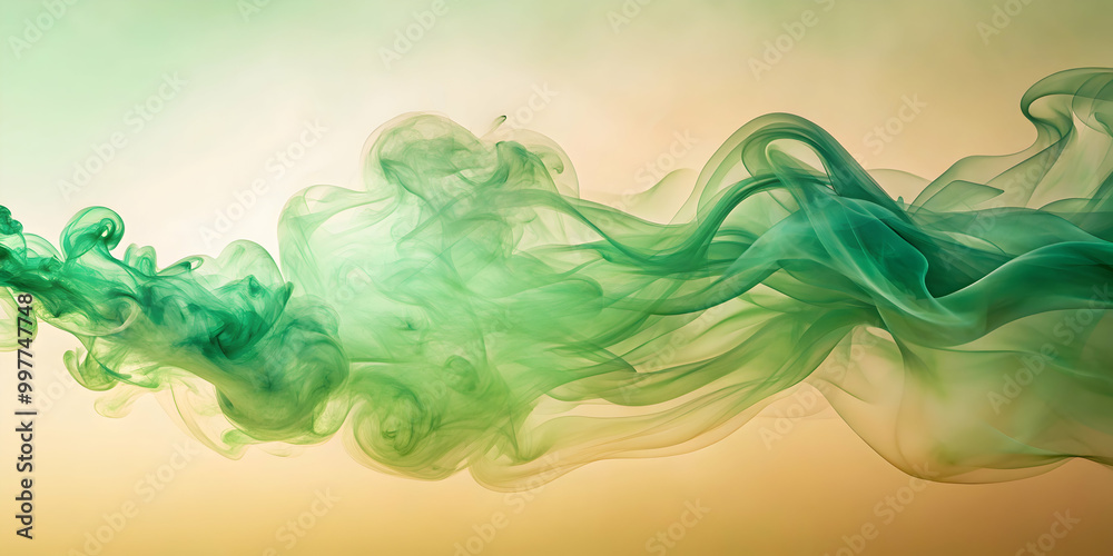 Graceful green smoke wisps on peach background with copy space , elegant, swirls, abstract, gentle, soft, tranquil, serene