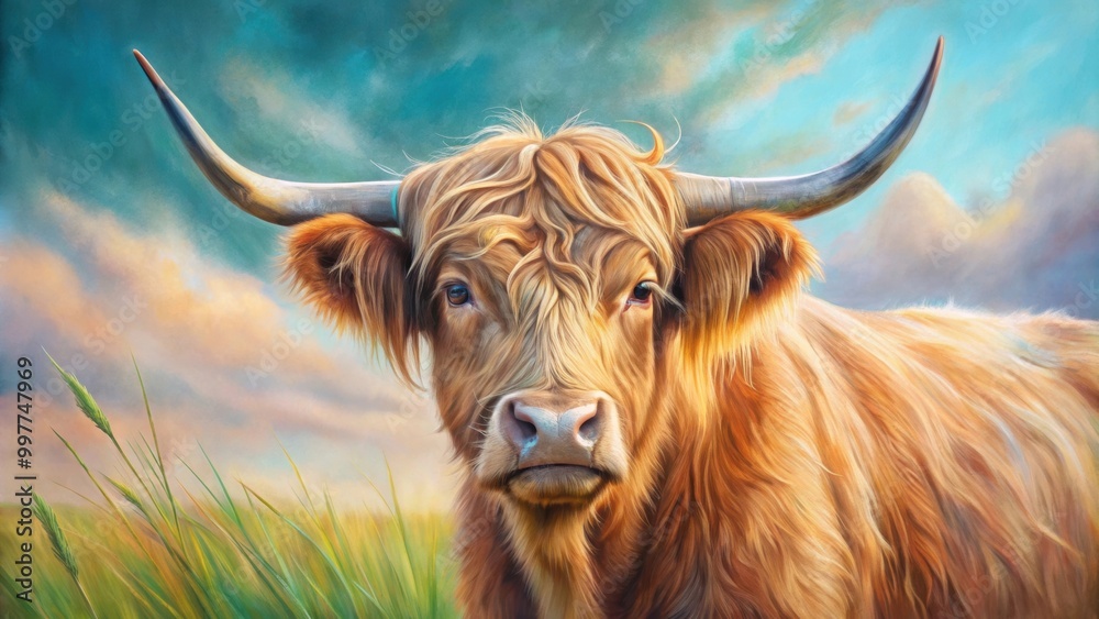 Scottish highlander cow in a pastel fine art style, cow, Scottish, highlander, cattle, livestock, animal, portrait, painting, drawing