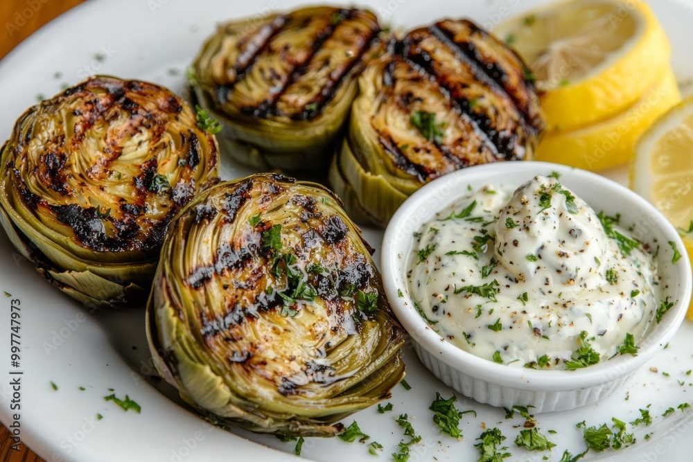 Grilled artichokes served with a creamy dipping sauce and lemon slices. Grilled artichokes served with a creamy dipping sauce and lemon slices.