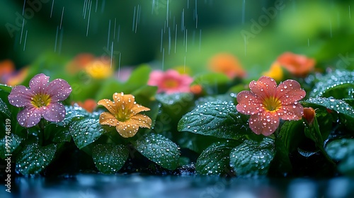 Water droplets cascading from a drip irrigation system into a bed of colorful flowers, with vibrant green leaves glistening under the midday sun, soft focus on the background greenery. photo