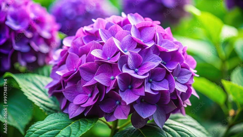 Close-up of a vibrant purple hydrangea flower in full bloom with lush green leaves, hydrangea, flower, purple, vibrant, bloom Close-up of a vibrant purple hydrangea flower in full bloom with lush green leaves, hydrangea, flower, purple, vibrant, bloom