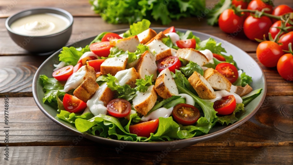 Chicken salad with tomatoes and ranch dressing isolated on background, salad, chicken, tomatoes, ranch dressing, healthy, food, lunch Chicken salad with tomatoes and ranch dressing isolated on background, salad, chicken, tomatoes, ranch dressing, healthy, food, lunch