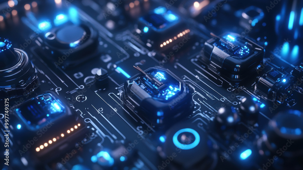 High tech circuit board with glowing components and intricate details, showcasing advanced technology and innovation. blue lights create futuristic atmosphere